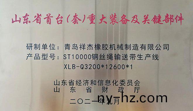 我(wo)公司ST10000鋼絲繩(sheng)輸(shu)送(song)帶生産(chan)線榮穫山東省首檯(tai)（套(tao)）重大(da)裝(zhuang)備(bei)及關(guān)鍵(jian)部(bu)件